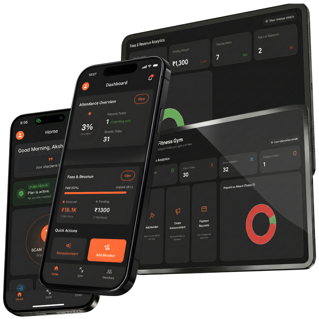 Organised Gym app on phone and tablet — dashboard, attendance, and fee management