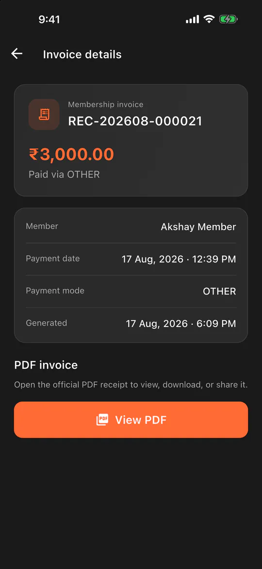 A membership invoice in Organised Gym with receipt number, amount, payment mode and a View PDF button