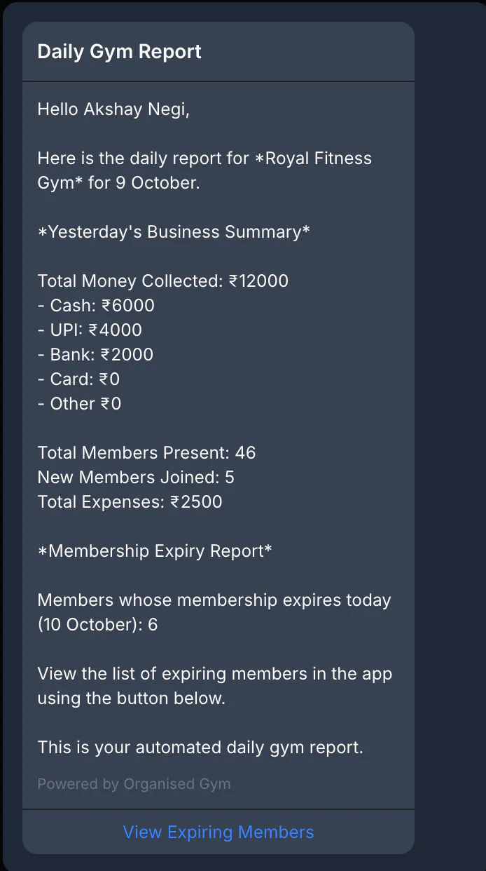 The automated daily gym report on WhatsApp showing collections by payment mode, members present, new joins, expenses and expiring memberships
